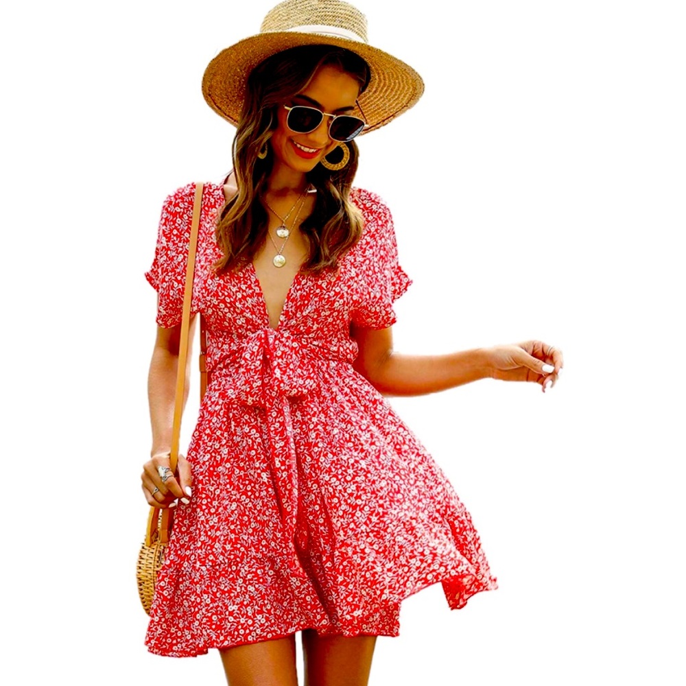 Boho Floral Front Tie V-neck Mini Dress
